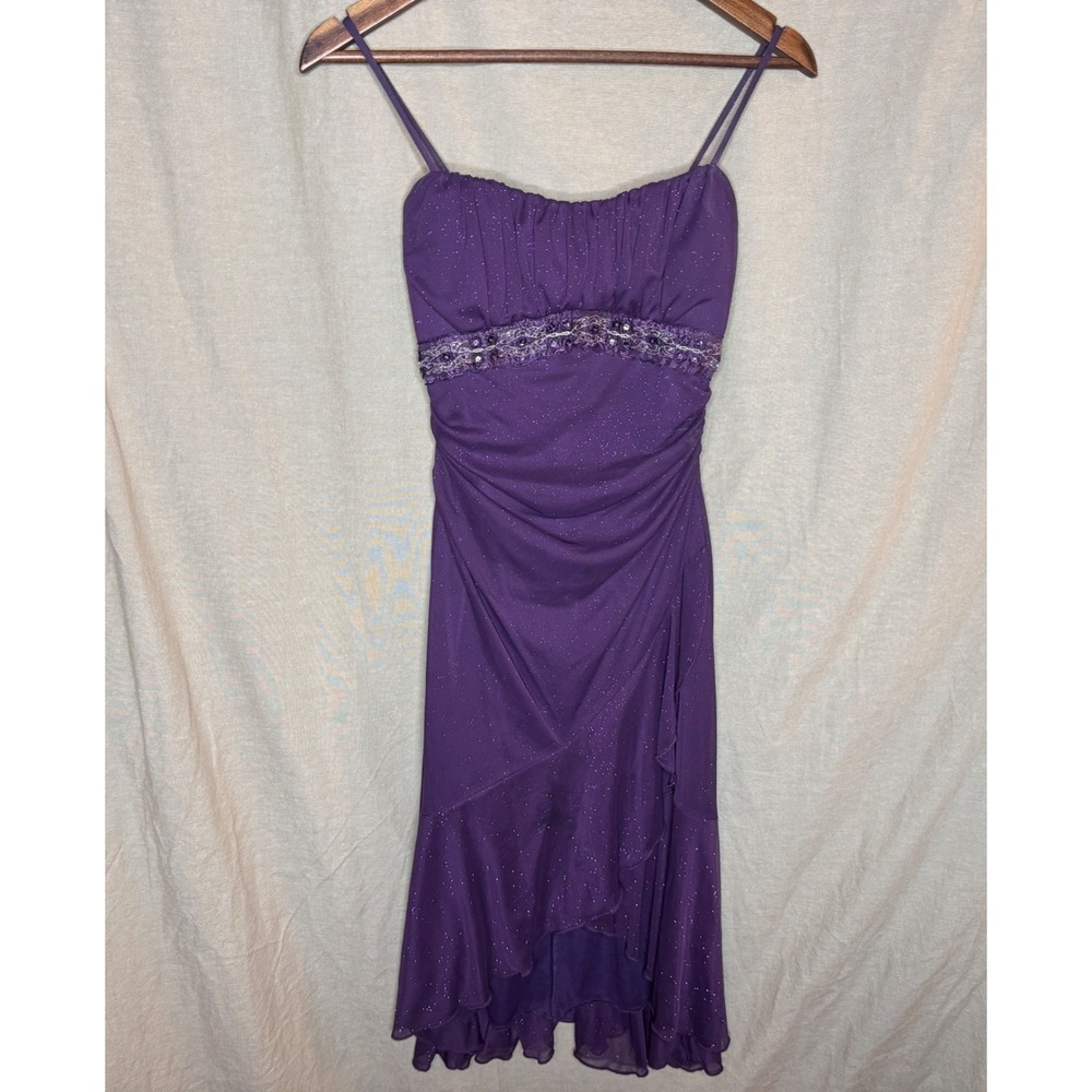 Y2K FairyCore Purple Beaded Dress Glitter Vintage Handkerchief Hem Whimsy